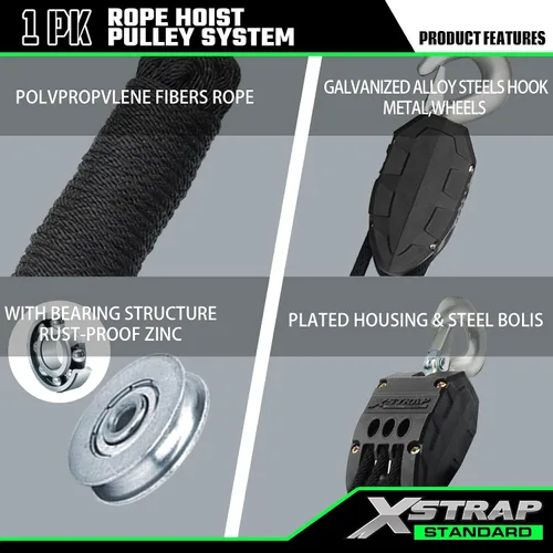 Vista 6 de XSTRAP STANDARD - Polipasto de cuerda de 50 pies, resistente bloque de rueda de rotura de 2000 libras Tackle Pulley System for Lifting Heavy