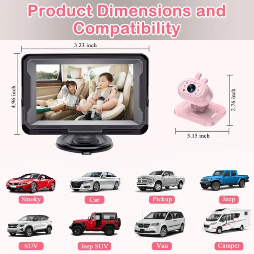 Vista 7 de AMTIFO Cámara de coche para bebés para niñas: Cámara de asiento trasero HD 1080P con visión nocturna IR - Instalación Plug & Play Monitor de 4.3