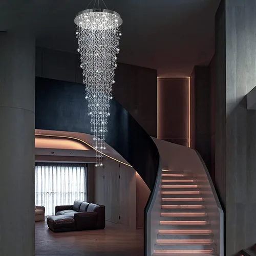Vista 6 de Candelabro de escalera de cristal contemporáneo, lámpara colgante de suspensión para escalera, techo alto, vestíbulo, entrada, 32 pulgadas de ancho