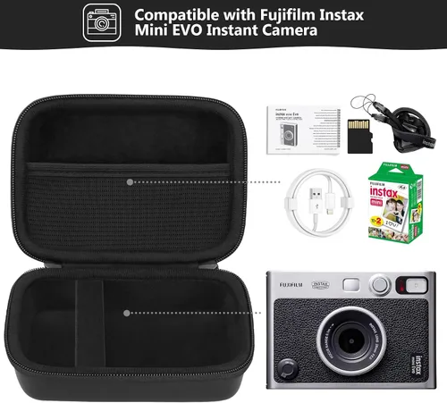 Vista 2 de Funda de transporte compatible con cámara instantánea Fujifilm Instax Mini EVO, bolsa de viaje con bolsillo de malla para fotos, cables USB Negro