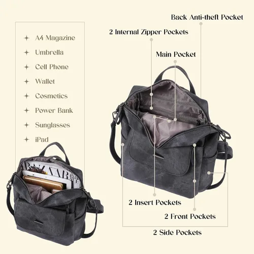 Vista 3 de Bolso tipo mochila para mujer, pequeño, de cuero impermeable antirrobo, bolsos de hombro para damas