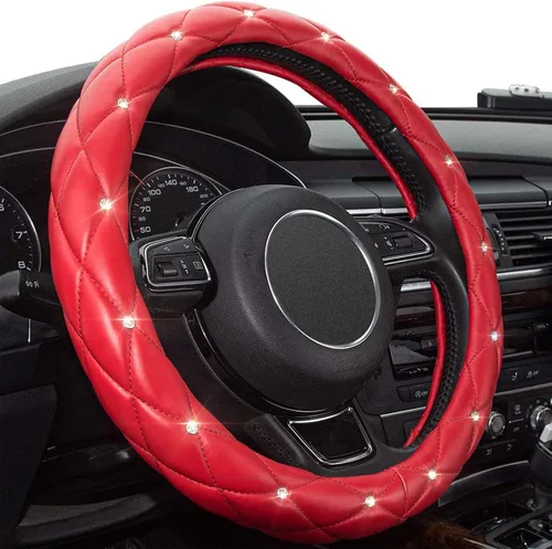 Vista 6 de funda de piel para volante, con diamantes de imitación, suave, bonita y antideslizante, para mujeres y niñas, para volantes de 15 pulgadas Negro