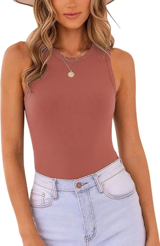 Vista 9 de MISSJOY - Camiseta básica sin mangas para mujer, con espalda cruzada y cuello halter acanalado 1-ejército verde blanco