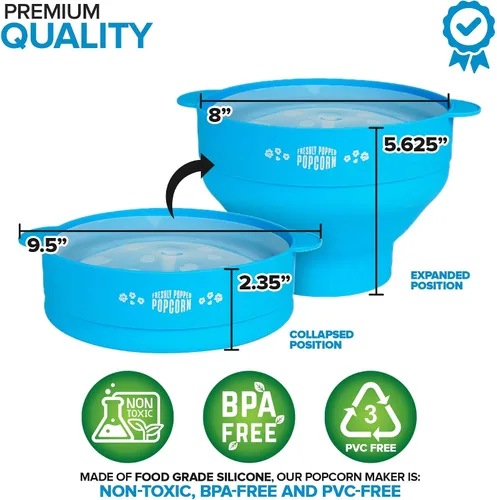 Vista 2 de Palomitas de maíz de silicona para microondas (azul) para hacer palomitas de maíz, no requiere aceite, cuenco plegable con tapa, reutilizable, sin