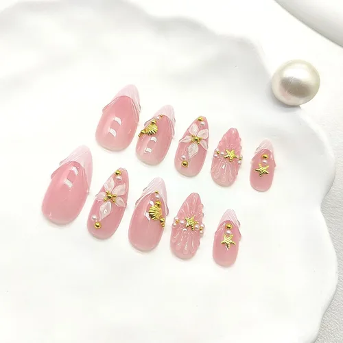 Vista 3 de Uñas postizas a presión con punta francesa, uñas postizas medianas con flores 3D, concha de perla, diseño de estrellas de mar, uñas blancas a