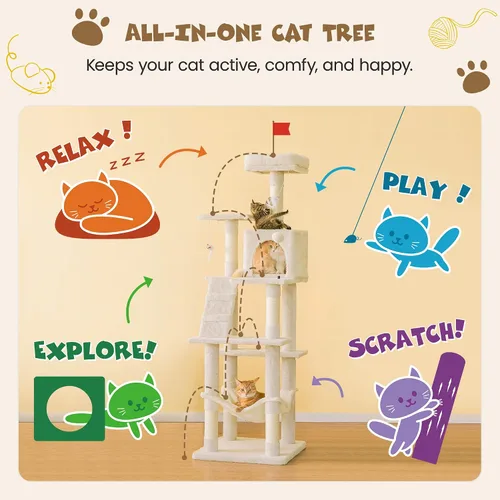 Vista 3 de MWPO - Árbol para gatos, multiestructura para gatos grandes con postes rascadores de sisal, plataforma acolchada, hamaca y condominio, torre Beige