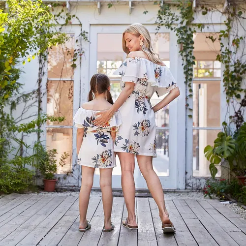 Vista 3 de PopReal - Vestidos con estampado floral a juego para madre e hija, de gasa, con volantes, manga corta, para la playa, con diadema, con tira de tela