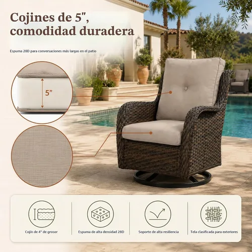 Vista 2 de HUMMUH Juego de 2 sillas giratorias de mimbre para patio, juego de muebles Café/Beige