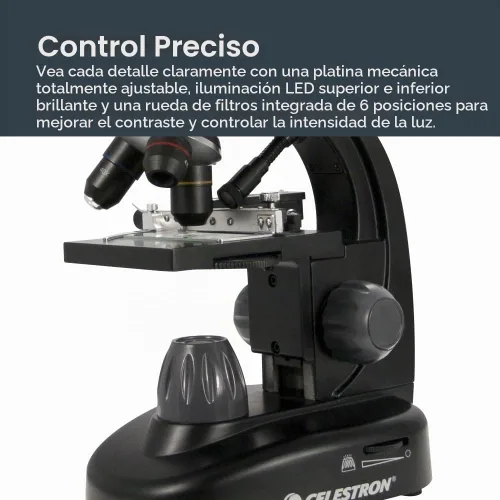 Vista 6 de Celestron – Microscopio digital LCD II – Pantalla de 3.5" – Cámara de 5MP – Aumento de 40x–1600x – Cabezal giratorio – Tarjeta SD incluida – Salida