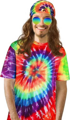 Vista 4 de Norme 5 piezas de disfraz hippie de Mardi Carnival para hombres y mujeres, camiseta de los años 70, diseño de teñido anudado, collar con signo