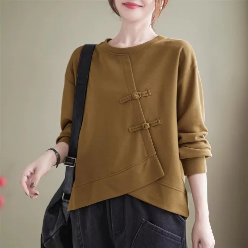 Vista 2 de MengXingHe Sudadera con botones de placa de estilo chino para mujer, sudadera con capucha de cuello redondo irregular informal suelta y manga larga