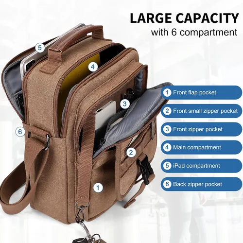 Vista 3 de WITZMAN Bolso cruzado para hombre, bolso de mensajero de lona, bolso vintage para hombre, bolso pequeño casual para el trabajo y viajes, Marrón
