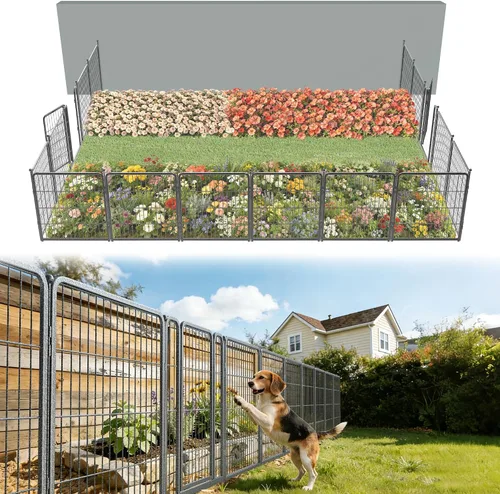 Vista 85 de FXW Valla de jardín al aire libre para el patio, 17 pulgadas de alto x 29.3 pies de largo, barrera de metal resistente para animales, para perros