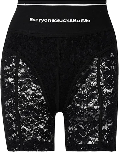 Vista 4 de Leggings ajustados de encaje sexy para mujer con cremallera cintura alta estampado de letras pantalones de malla transparente floral ropa de club