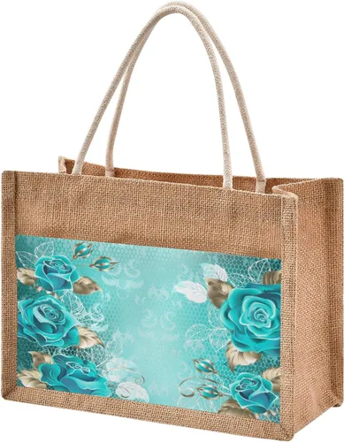 Vista 3 de Eionryn Bolsa de arpillera de yute de gnomo de invierno de Navidad, bolsa de compras reutilizable para comestibles, Turquesa(Turquoise Rose)