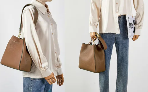 Vista 8 de DORIS&JACKY - Bolso hobo de cuero genuino estilo cubo para mujer, bolso de hombro de diseñador y bolso bandolera con correa ancha desmontable