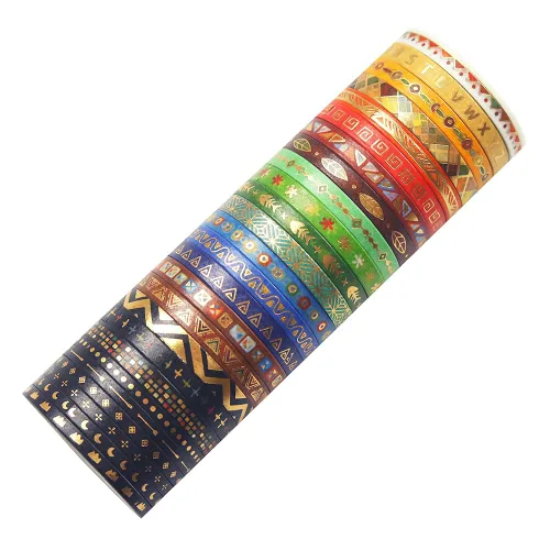 Vista 3 de YUBBAEX Juego de 26 rollos de cinta washi india, 0.197 in de ancho, tótem folclórico dorado fino decorativo para diario, álbum de recortes, agenda