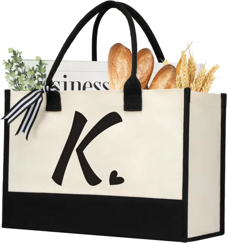 Vista 8 de shenee Initial Canvas Tote Bag, Personalized Beach Bags Gift for Women