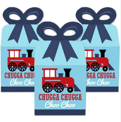 Vista 2 de Big Dot of Happiness Cajas de regalo cuadradas para fiestas de ferrocarril, para fiestas de cumpleaños o baby shower, juego de 12