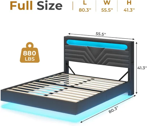 Vista 9 de HAUOMS - Base de cama flotante LED tamaño matrimonial con cabecera de almacenamiento, color gris oscuro Upholstered Full Platform Bed Frame with