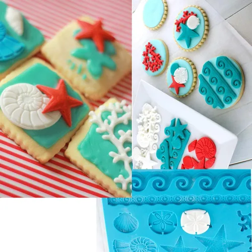 Vista 9 de Sea Shell Silicona Fondant Molds Beach Theme Cake Decorating Starfish, Coral, Conch, Sea Wave Designs, Food Grade Platinum Silicone, For