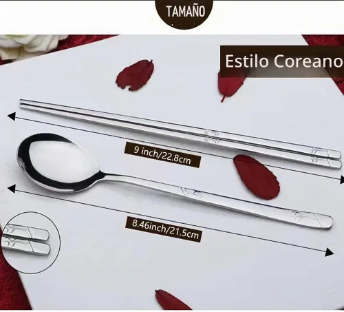Vista 6 de Juego de palillos y cucharas de metal coreano, cubiertos reutilizables de acero inoxidable, palillos y cucharas de mango largo, juego de 3