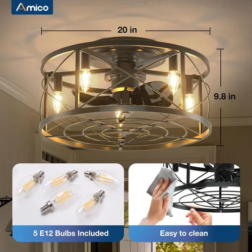 Vista 9 de Amico Ventiladores de techo enjaulados de 20 pulgadas con luces sin aspas