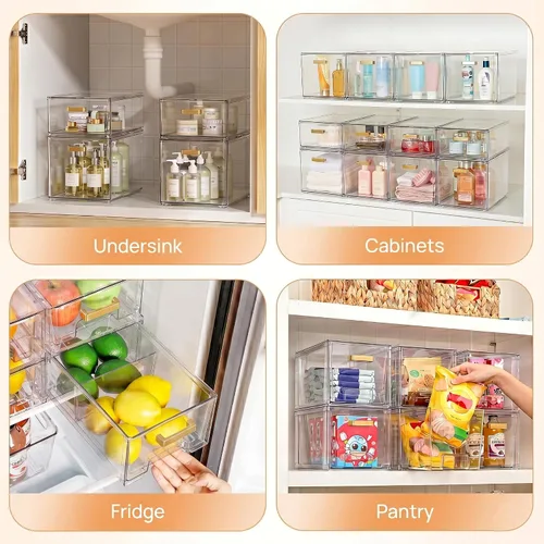 Vista 9 de LALOBLUE Organizador de cajones apilable transparente, paquete de 4 cajones de almacenamiento de acrílico con diseño extraíble, organizador que