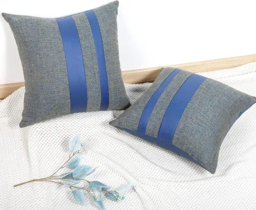 Vista 7 de Juego de 2 fundas de almohada decorativas de retazos para sofá, funda de cojín cuadrada de piel sintética para sofá, dormitorio, sala de estar, 18 x