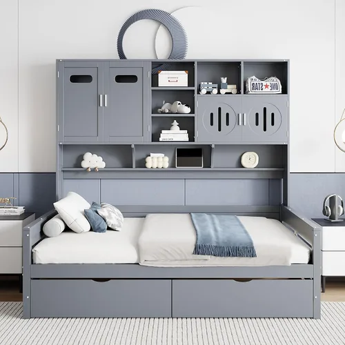 Vista 18 de VilroCaz Cama de sofá de tamaño individual de madera con estantes de almacenamiento y escritorio de estudio, estructura de cama de día Blanco