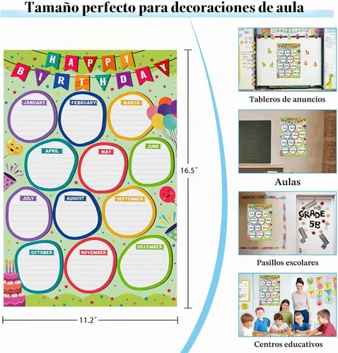 Vista 5 de WhatSign Tabla de cumpleaños para el aula, póster de feliz cumpleaños, calendario de cumpleaños para pared, reutilizable, tablón de anuncios
