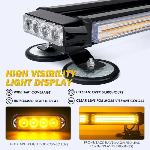 Vista 3 de Xprite Barra de Luces Estroboscópicas Intermitentes LED COB Ámbar para Techo de Doble Cara de 21" de Alta Visibilidad Luces de Baliza de Advertencia