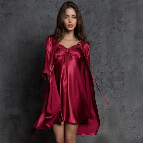 Vista 2 de Vestido de pijama de satén de seda sexy para mujer, 2 piezas, ropa de dormir
