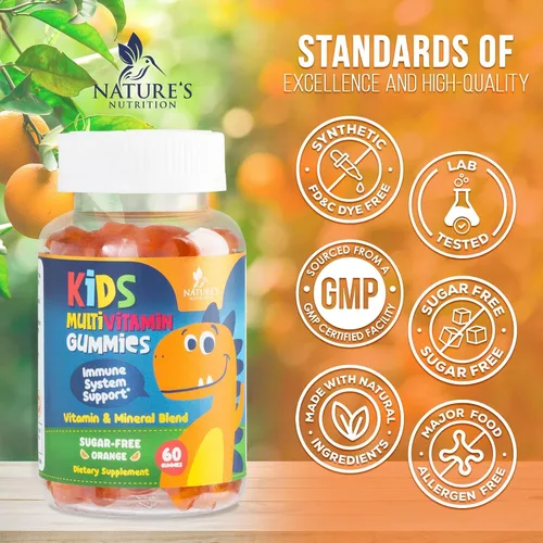Vista 4 de Gomitas multivitamínicas para niños, sin azúcar, sabrosas gomitas de sabor a naranja, apoyo inmunológico diario con 100% vitamina B12, vitaminas