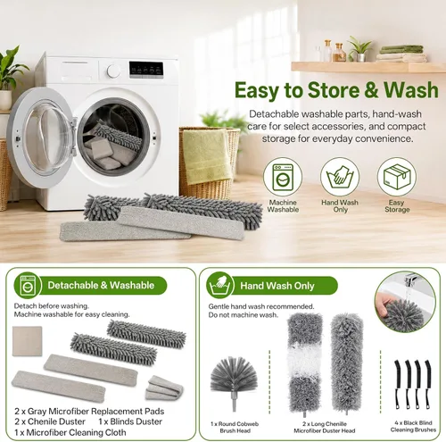 Vista 9 de Kit de plumero extensible de 14 piezas de 100 pulgadas – chenilla flexible/microfibra/herramientas para persianas de ventana para el Gris
