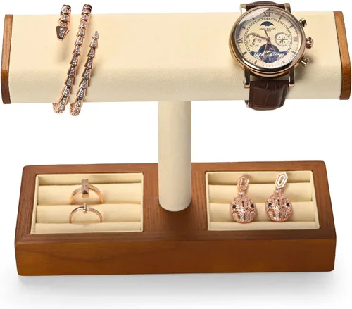 Vista 4 de Oirlv Soporte de exhibición de reloj de madera maciza Soporte de reloj con barra en T para hombres y mujeres Organizador de accesorios de joyería