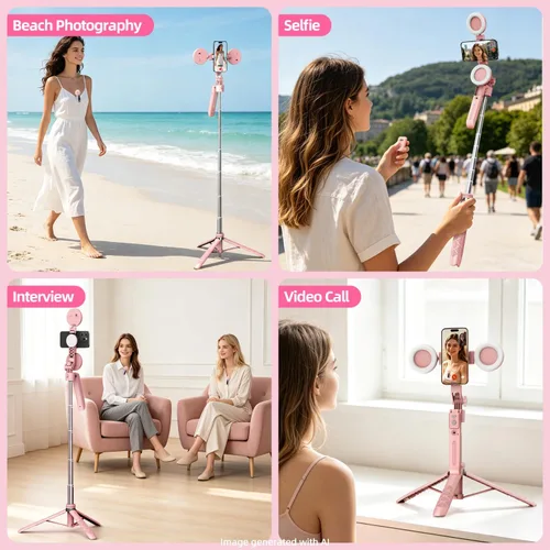 Vista 8 de Kit de vlogging rosa para iPhone/Android, trípode magnético de seguimiento facial automático de 71 pulgadas para iPhone, palo selfie 6 en 1