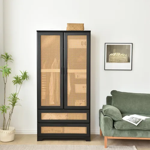 Vista 3 de Armario de madera de pino con puertas de ratán y dos cajones (negro)