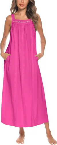 Vista 26 de YOZLY Camisones de algodón para mujer con bordado, sin mangas, con bolsillos S-XXXL