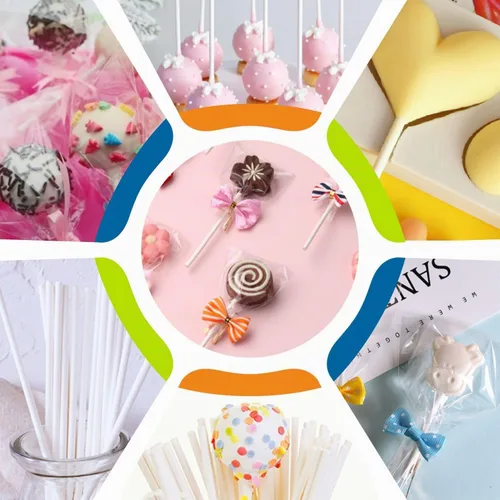 Vista 6 de 150 unidades de palos de piruleta de papel blanco de 4 pulgadas, palos para pastel pop, palos de chupete para galletas, caramelo arcoíris