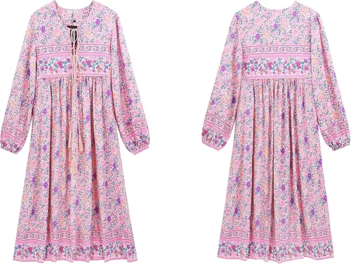 Vista 6 de R.Vivimos - Vestidos por debajo de la rodilla, de manga larga, con estampado floral, de estilo retro y bohemio, con cuello en V y borlas para mujer