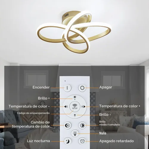 Vista 9 de Lámpara de techo moderna, lámpara de techo regulable LED de 36 W con control remoto, cambio de temperatura de color, pequeña lámpara de araña dorada