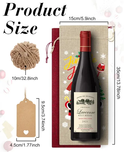 Vista 7 de Aoonby 12 piezas de bolsas de vino de arpillera, bolsas de regalo de vino de Navidad para botellas, regalos, bolsa de botella de Navidad con cordón