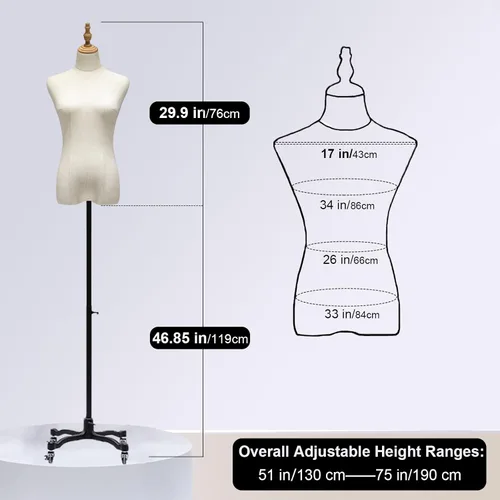 Vista 2 de Forma de vestido de maniquí femenino con ruedas, torso de maniquí de lino de medio cuerpo, maniquí de altura ajustable de 51 a 75 pulgadas