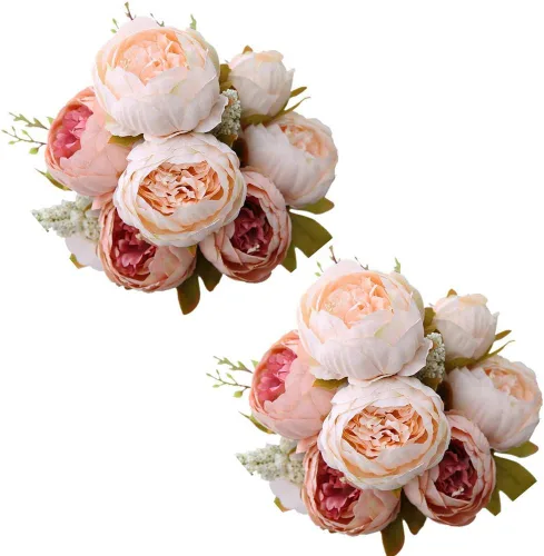 Vista 5 de Fule Paquete de 2 ramos de flores artificiales de seda de peonía grande, arreglo de centros de mesa de boda (marrón camafeo)