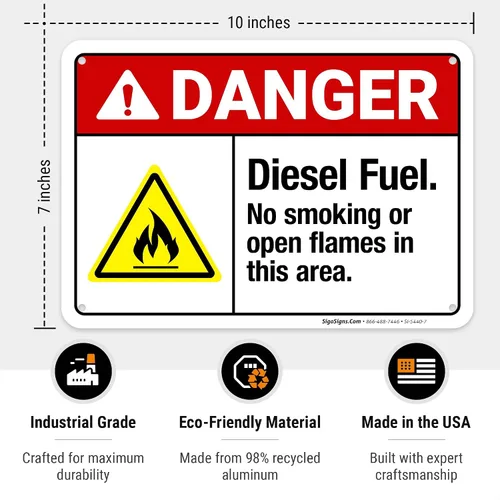 Vista 3 de Diesel Fuel No Smoking Or Open Flames in This Area Sign, ANSI Danger Sign, 10x7 Inches, Rust Free .040 Aluminum, Fade Resistant, Indoor/Outdoor Use
