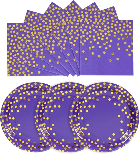Vista 15 de Platos de papel negro y dorado, paquete de 50 unidades, 25 platos de papel de 7 pulgadas y 25 servilletas de 6.5 pulgadas, platos negros