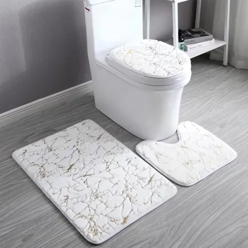 Vista 10 de Juego de 3 alfombras y tapetes de baño antideslizantes de mármol negro dorado, suave, lavable, absorbente de agua, con contorno en forma de U y tapa