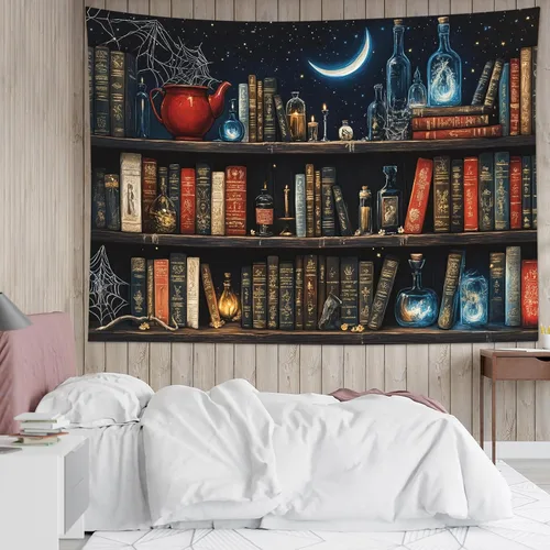 Vista 18 de LB Tapiz de cielo nocturno y océano, tapiz de luna llena sobre el agua, tapiz para colgar en la pared, tapiz de fantasía mágica de acuarela 3D, arte