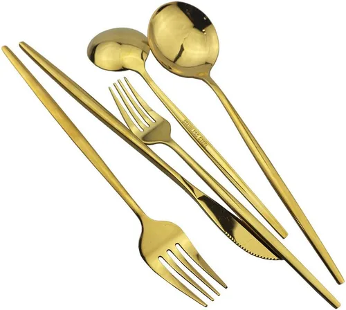 Vista 3 de Cubertería dorada pulida con espejo, diseño ligero, 36 piezas, acero inoxidable, juego de cubiertos para 6, incluye tenedores, cucharas, cuchillos